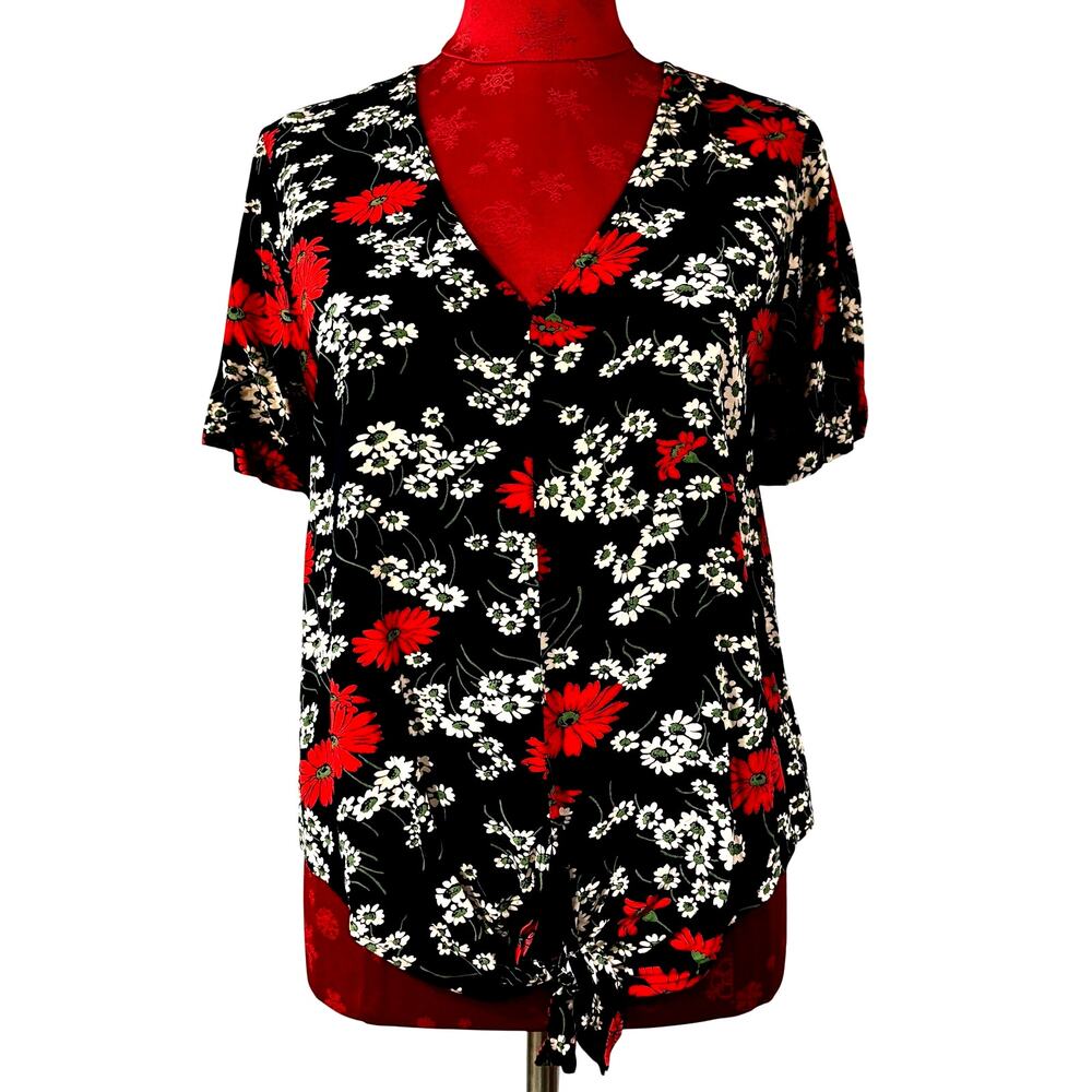 Madewell navy blue with pink florals short sleeve Size M blouse top tie waist